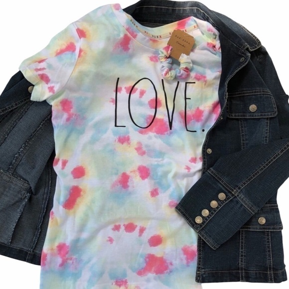 Rae Dunn Love Tye Dye Tee W/matching Scrunchy. - Picture 2 of 7